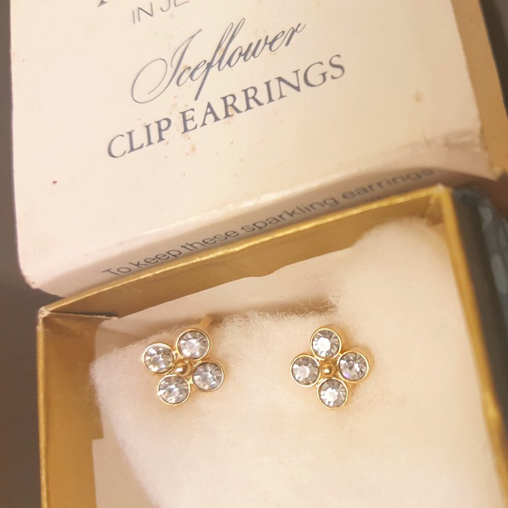 Vintage 1979 Avon NIB ICEFLOWER Ice Blue Rhinestone Gold-tone Mini CLIP Earrings